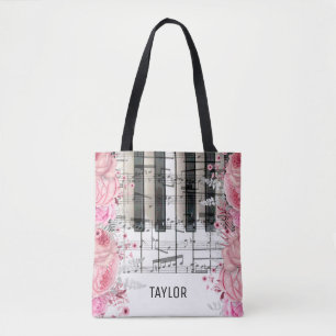 bolsa tote com flores rosa notas musicais piano