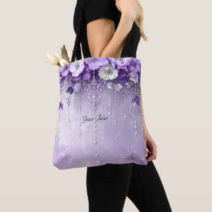 Bolsa Tote com Flores Roxas e Pérolas Penduradas