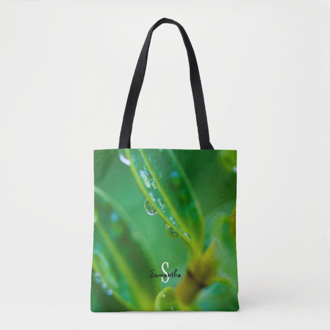 Bolsa tote com gotas de chuva em folhas verdes (Frente)
