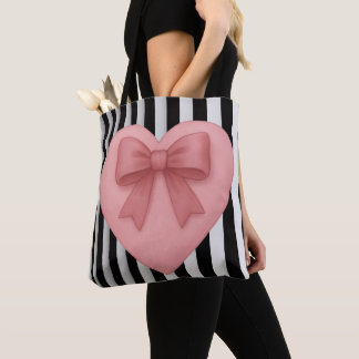 Bolsa Tote com laço rosa e listras preto&branco em