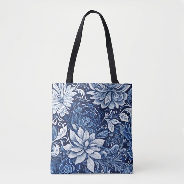 bolsa tote com tapeçaria de pétala índigo (Frente)