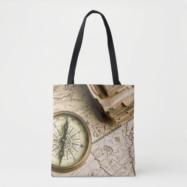 Bolsa Tote Compasso velho sobre o mapa antigo (Frente)
