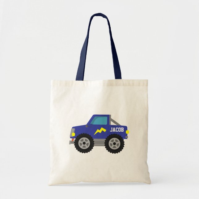 Bolsa Tote Competindo o monster truck azul, para meninos (Frente)