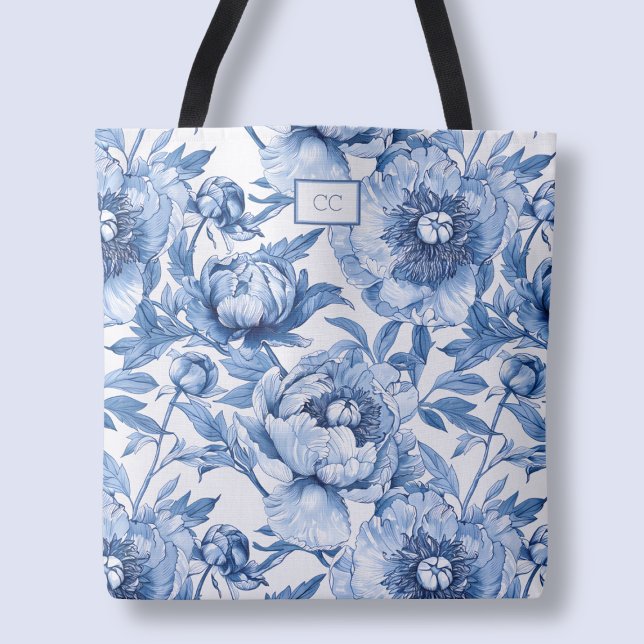 Bolsa Tote Compro Flor de Bridesmaid Azul Monograma (Monogram Blue Floral Bridesmaid Flower Shopping Tote Bag)
