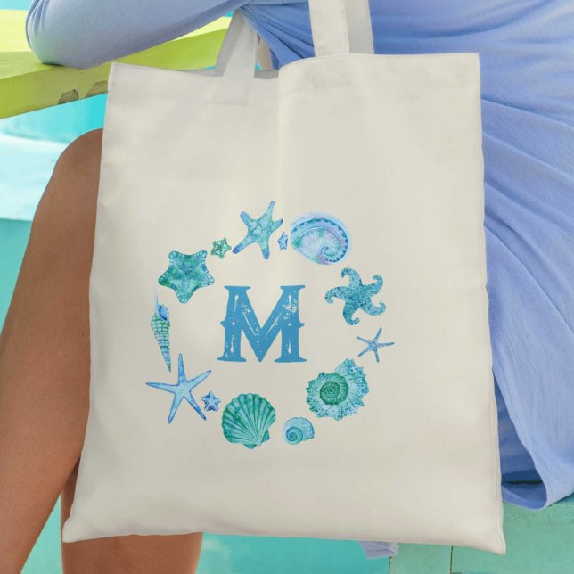 Bolsa Tote Conchas Costeiras e Peixes de Fécula Monogramados (Coastal Seashells and Starfish Monogrammed Tote Bag)