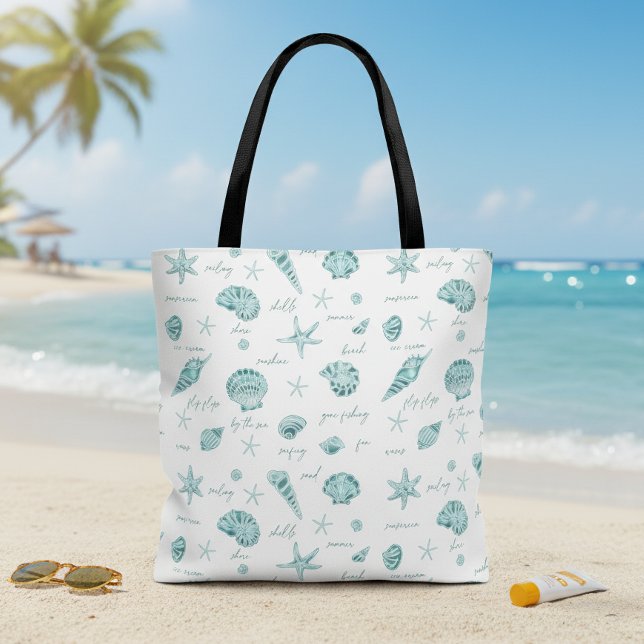 Bolsa Tote Conchas Estrelas-do-Mar Sol Diversão Texto Azul-cl (Criador carregado)