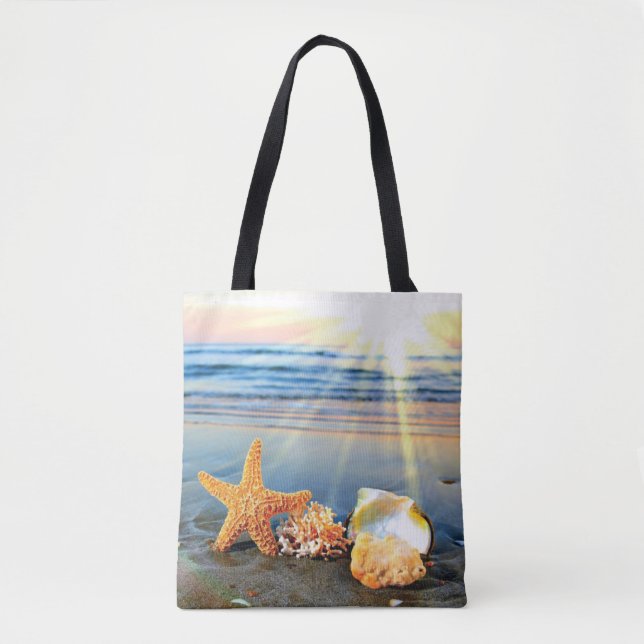 Bolsa Tote Conchas marítimas e estrelas-do-mar na praia (Frente)