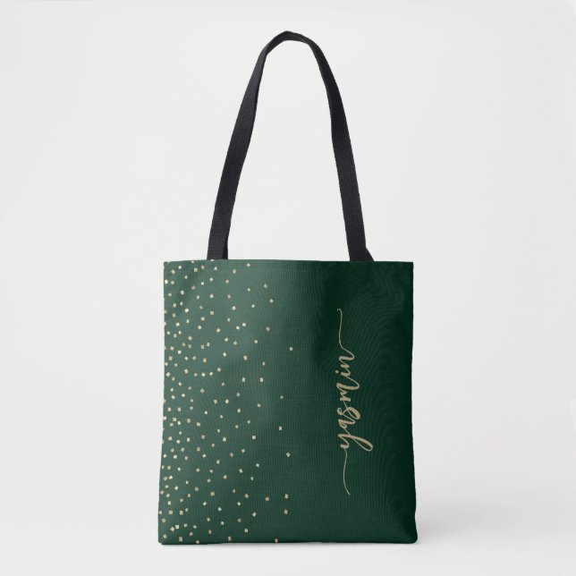 Bolsa Tote Confete Quadrado Dourado Verde Esmeralda Personali (Frente)
