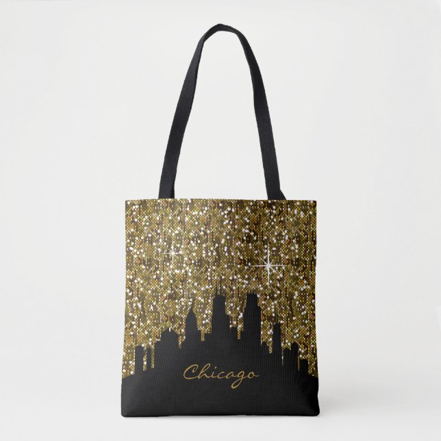 Bolsa Tote Confetti Glitter Chicago Skyline, preto e Dourado (Frente)