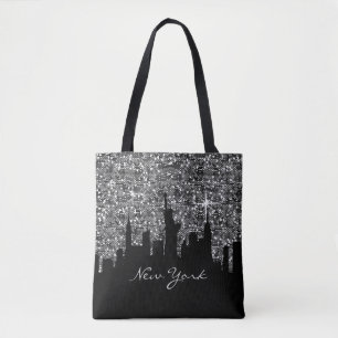 Bolsa Tote Confetti Glitter Negro e Prata - Nova York Skyline