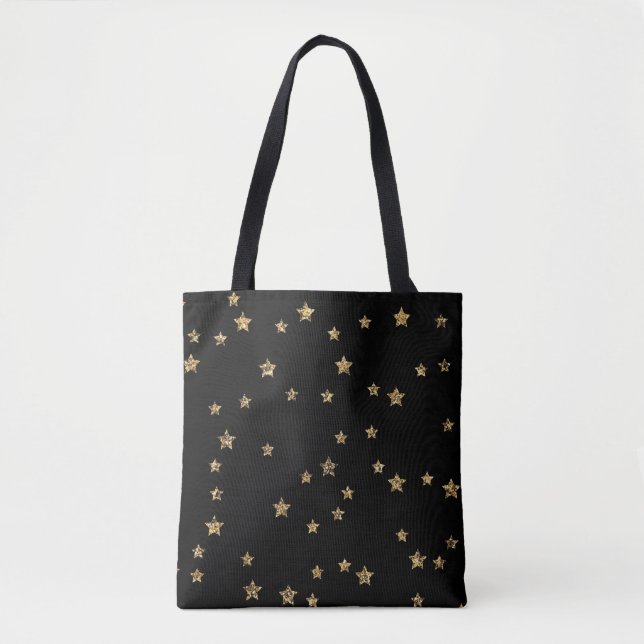 Bolsa Tote Confetti ouro astros brilham brilhando preto elega (Frente)