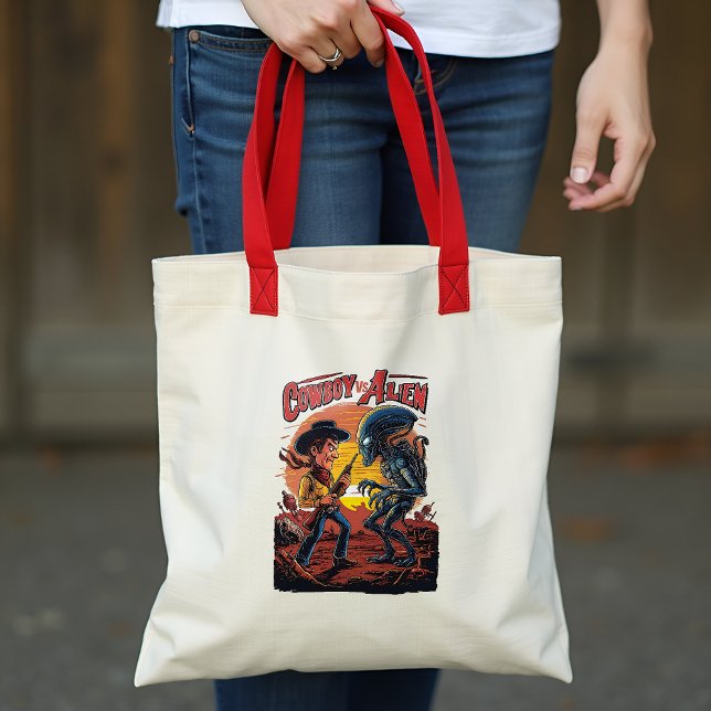 Bolsa Tote Confronto ao Pôr do Sol - Cowboy vs. Alien (Criador carregado)