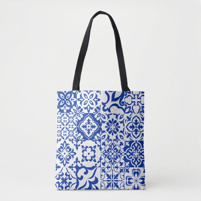 Bolsa Tote Conjunto de 16 azulejos Azulejos em azul, branco.  (Frente)