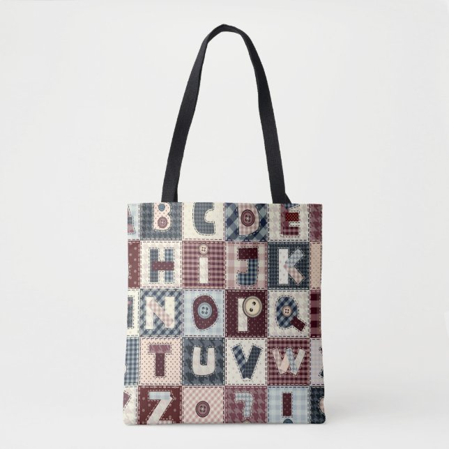 Bolsa Tote Conjunto de letras alfabéticas no estilo de patch. (Frente)