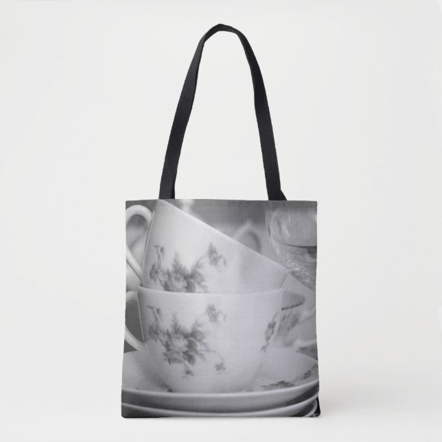 Bolsa Tote Copos e goblets Florais Pretos e Brancos (Frente)
