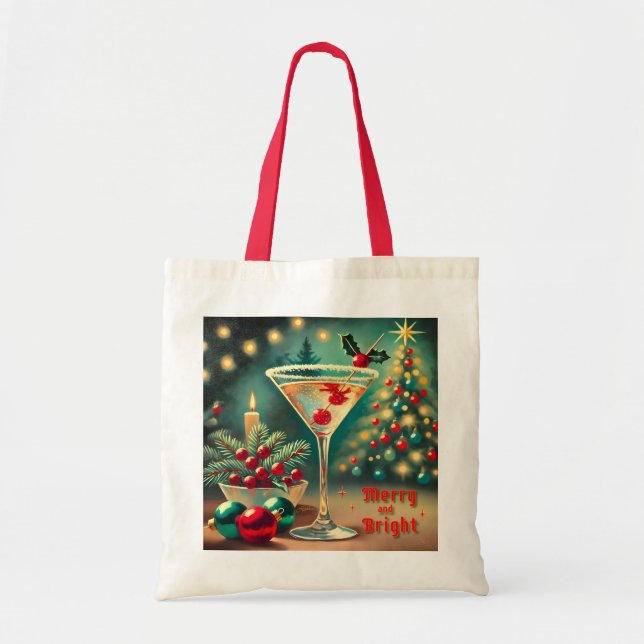 Bolsa Tote Coquetel de Natal com Feliz retrorada Martini (Frente)