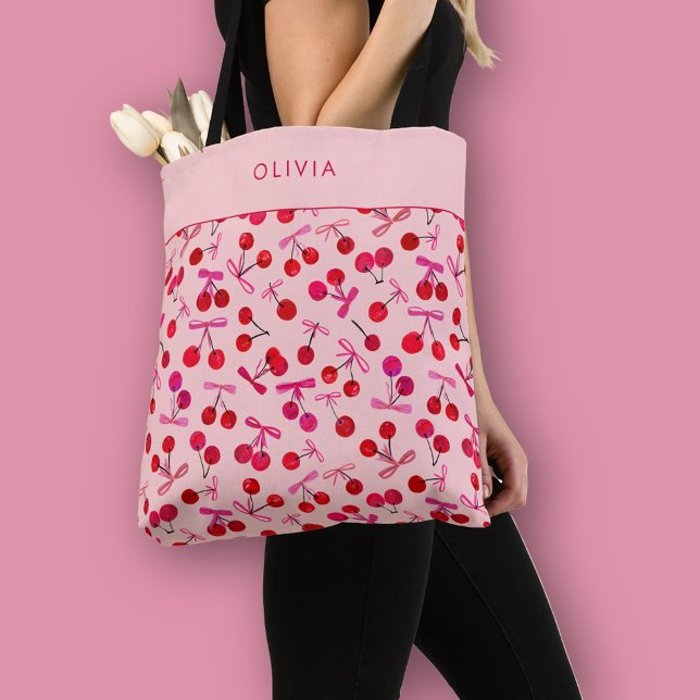 Bolsa Tote Coquette Cereja & Laço (Coquette cherry and bow girly pattern tote bag. Personalize with your own name or initials.)