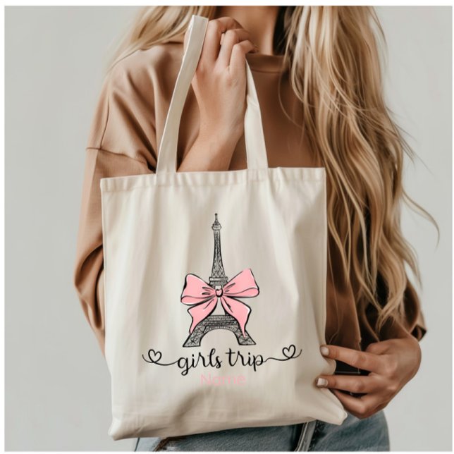 Bolsa Tote Coquette Girl Trip Eiffel Tower & Pink Arco Person (Criador carregado)
