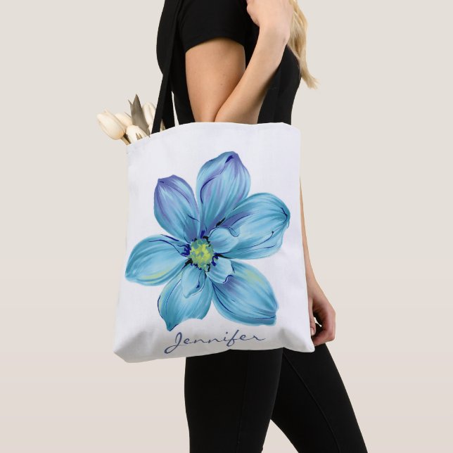 Bolsa Tote Cor Azul Floral Personalizada Moderna (Close Up)