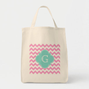 Bolsa Tote Cor Branca Cor-de-Rosa Zigzag Aqua Quatrefoil Mono