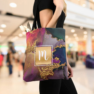 Bolsa Tote Cor da água do mármore, monograma azul-roxa-dourad