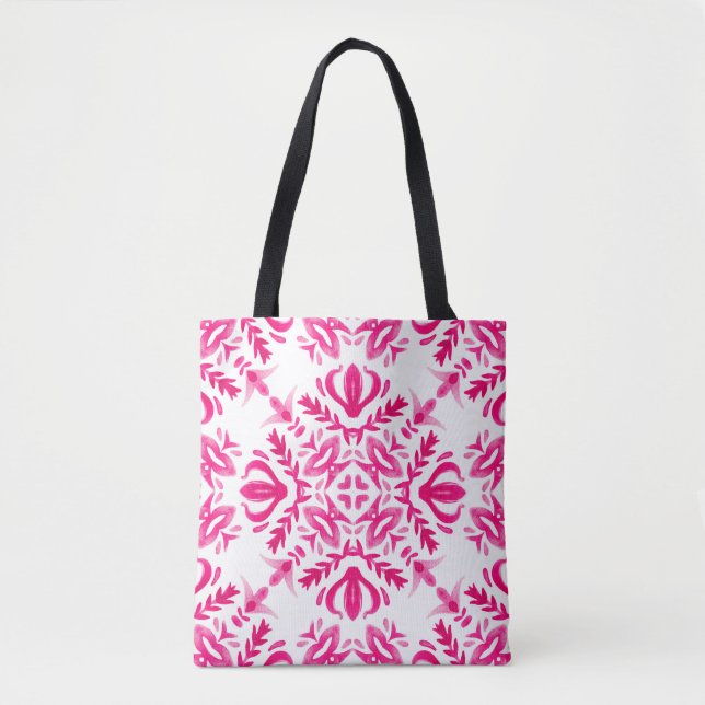 Bolsa Tote Cor d'água rosa: design de azulejo geométrico. (Frente)