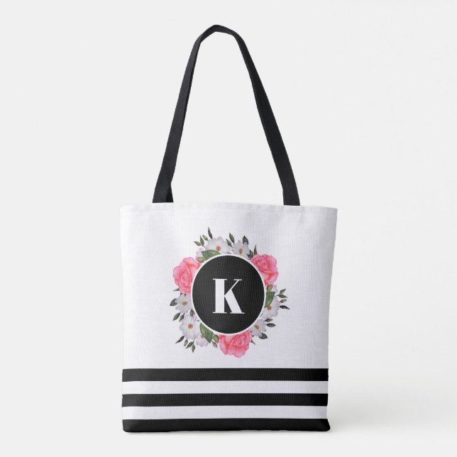 Bolsa Tote Cor d'água rosa e rosas brancas, fundo do círculo (Verso)