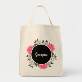 Bolsa Tote Cor d'água rosa e rosas brancas, fundo do círculo