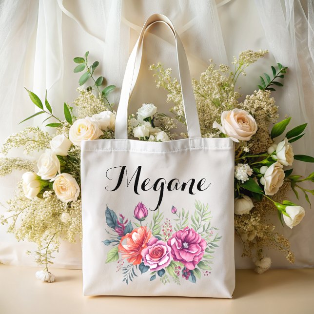 Bolsa Tote cor d'água rosa monograma floral nome bridesmaid t (Criador carregado)