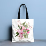 Bolsa Tote Cor d'água rosa Peonias Rosa Dourado Nome da Borbo<br><div class="desc">Este design de na moda apresenta coloração aquosa bonito,  cor-de-rosa,  com folhagem de ouro rosa e borboletas. Personalizado com seu nome editando o texto na caixa de texto fornecida #bolsa #bolsas #totebags #giftsforher #giftsforthers #Aparelhagem #moda #estilo #trendy #personalizedgifts #personalizado #peonies florais</div>
