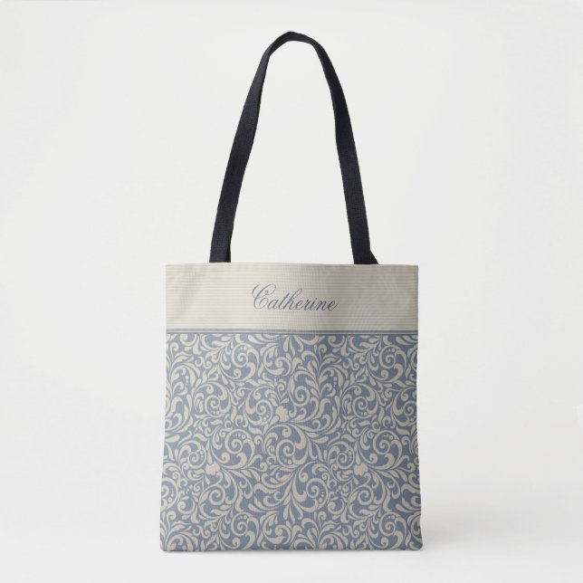 Bolsa Tote Cor damasco Azul Elegante com Texto Personalizado (Frente)