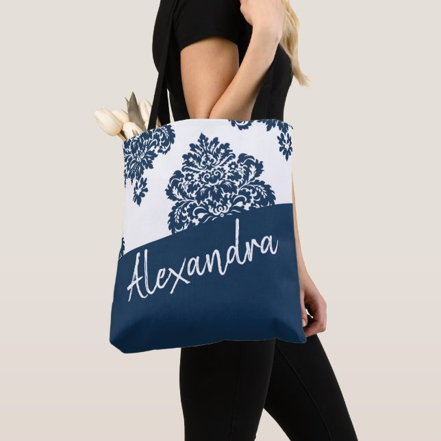 Bolsa Tote Cor damasco branca azul moderna personalizada (Close Up)