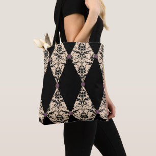 Bolsa Tote Cor damasco Elegante De Diamante Rosa E Preto