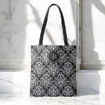 Bolsa Tote Cor damasco Preta e Branca com Monograma<br><div class="desc">Uma bolsa de tote com função e estilo, esta design apresenta uma adorável cor damasco branca sobre um fundo preto. Personalize com o monograma desejado substituindo as iniciais de amostra mostradas no modelo de texto fácil de usar. Faz um presente maravilhoso para qualquer senhora na sua lista de presentes ou...</div>
