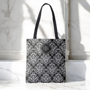 Bolsa Tote Cor damasco preto e branco com monograma