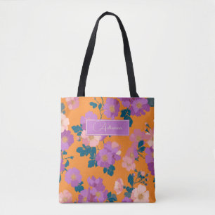 Bolsa Tote Cor-de-rosa moderno e Floral roxo em laranja