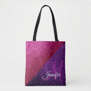 Bolsa Tote Cor-de-rosa quente, brilho púrpura e brilho monogr