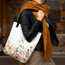 Bolsa Tote Cor Floral de Queda Elegante Monograma Branco