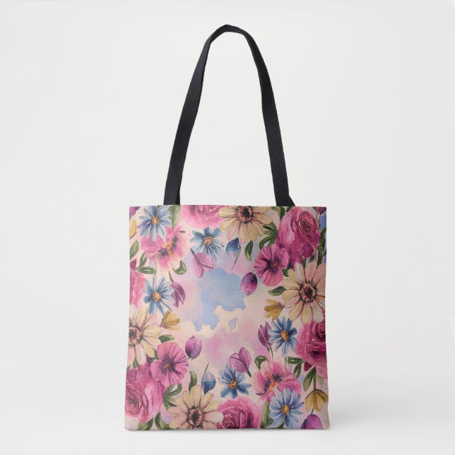 Bolsa Tote Cor pastel, cor branca, floral (Frente)