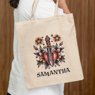 Bolsa Tote Coração Adaga Retro Tatuagem Vintage Despedida de 