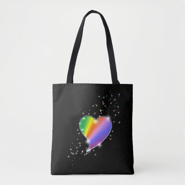 Bolsa Tote Coração Arco-Íris com Estrelas a preto (Frente)