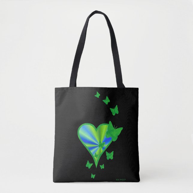 Bolsa Tote Coração arco-íris e borboleta a preto (Frente)