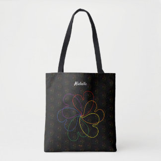 Bolsa Tote Coração Colorido Padrão de Flor Nome Personalizado