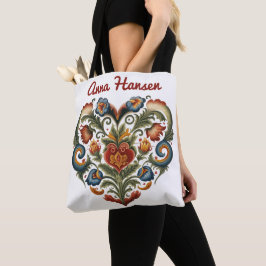 Bolsa Tote Coração de Arte Folclórica Norueguesa Personalizad