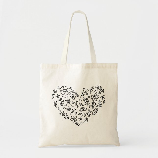 Bolsa Tote Coração de Flor. Botânica de Flores Silvestres  (Frente)