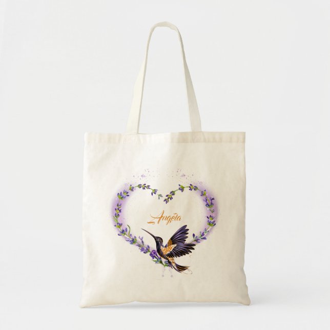 Bolsa Tote Coração de Hummingbird Roxo Personalizado (Frente)