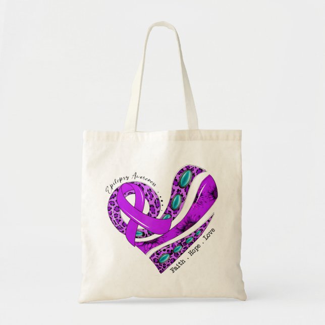 Bolsa Tote Coração de Laço Roxo Suporte à Epilepsia (Frente)
