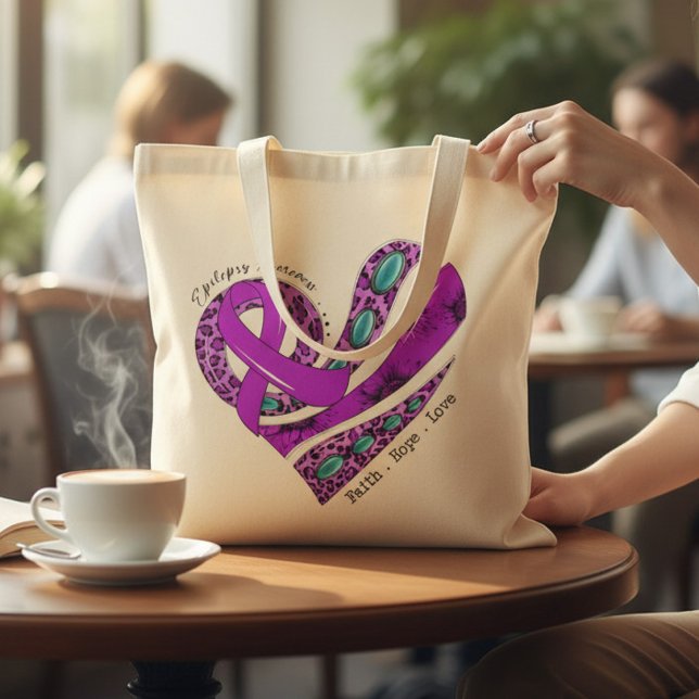 Bolsa Tote Coração de Laço Roxo Suporte à Epilepsia (Criador carregado)