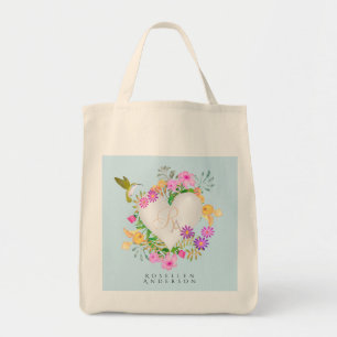 Bolsa Tote Coração de Monograma de Jardim Floral Azul