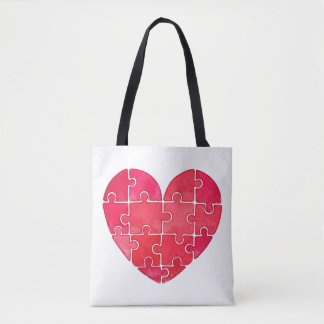 Bolsa Tote Coração de quebra-cabeça vermelho em aquarela, pad